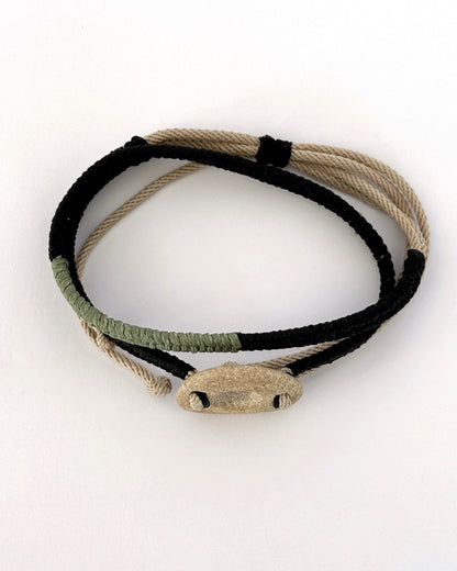 Macramé bracelet with light natural pebble, black and olive green cords, minimalist handmade jewelry