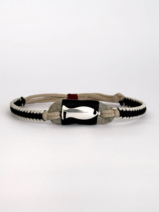Handmade macramé bracelet with natural pebble and silver fish charm, minimalist unisex design - Granite